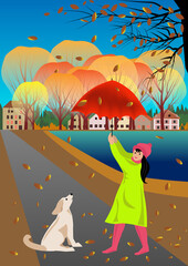 A girl in a yellow raincoat with a red umbrella and a dog are playing in the autumn park. Village houses. Yellow and orange trees, a pond, falling autumn leaves.Vector illustration.