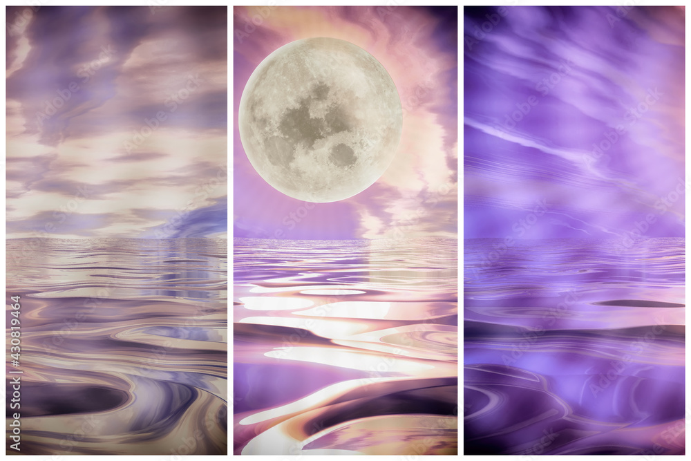 Wall mural beautiful triptych background moon and sea ocean evening waves. moonscape