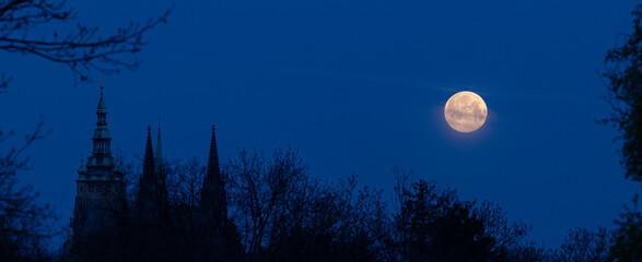 Supermoon over Prague castle in the morning, Czech Republic