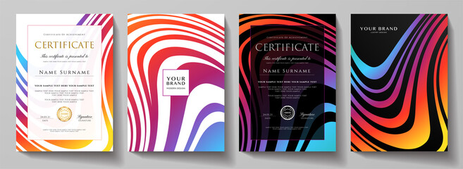 Modern creative rainbow cover design set.  Abstract wavy colorful line pattern (curves) on black background. Creative stripe vector collection for vertical certificate, brochure template, booklet page