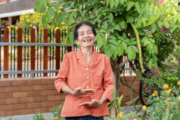 Portrait Of active senior old woman warming stretching exercising isolated on nature background. Happy mature or elderly lady smiling and enjoying doing sport. Fitness and healthy lifestyle concept.