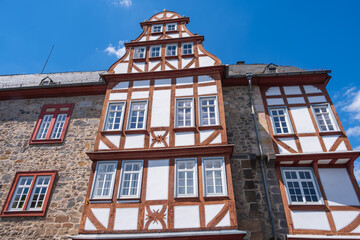 Part of the half-timbered facade of Grünberg Castle / Germany in the Taunus 