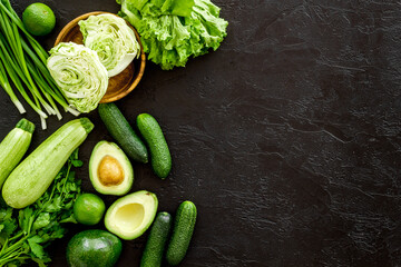 Harvest of green vegetables and fruits. Raw food diet. Top view
