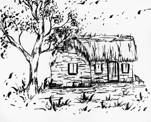 Ink landscape with tree and house