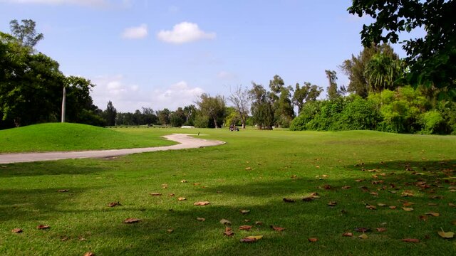 Aerial motion footage golf course landscape color graded from log profile