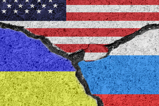 Economic, political and military conflict and confrontation between Ukraine, Russia and USA. Conceptual image of countries flags with a broken cracks between them.