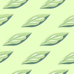 Minimalistic botanic ornament seamless pattern with geometric doodle leaf shapes. Green palette.