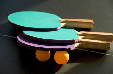 Ping Pong paddles, table, and balls. - 430823606