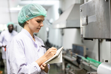 Quality control and food safety caucasian women worker staff inspection the product standard in the...