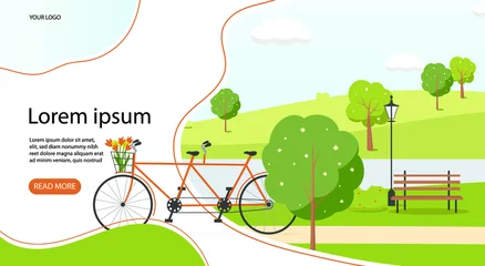 Fotobehang Bicycle in the park. Landing page, web design, vector illustration © Юлия Рубан