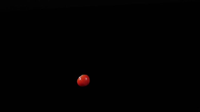 Wet fresh tomato flies up and spinning with water splashes on a black background in slow motion shot, water drops on vegetable