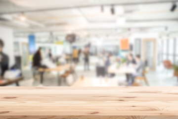blur modern working space business office with wooden table for products advertisign montage design background.