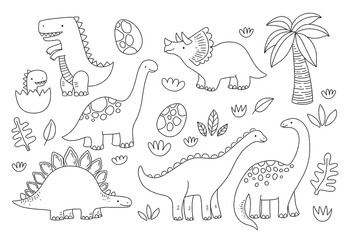 Cute dinosaur outlines in cartoon style. Kids coloring book illustrations. 