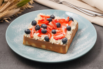 viennese waffle with strawberries, blueberries and cottage cheese cream