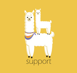 Helping others. Happy big white lama supporting baby lama