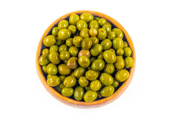 Scratched green olives. Turkish name; cizik yesil zeytin. Brined scratched green olives isolated on white background. Delicious geen olives.