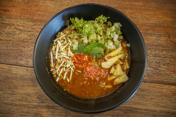 Asian Noodle Soup Laksa. Top View