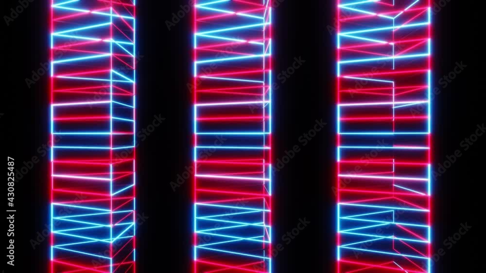 Poster 4k video animation of a beautiful abstract neon sci-fi colorful line object three-set moving in the 