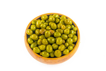 Scratched green olives. Turkish name; cizik yesil zeytin. Brined scratched green olives isolated on white background. Delicious geen olives.