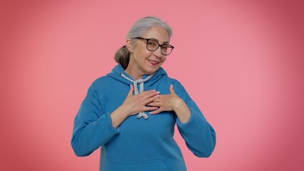 I am the best. Proud egoistic senior old granny woman proud of her victory, bragging own success...