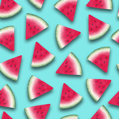 Seamless pattern with watermelon triangular slices lie on blue background. Watermelon slices cast a shadow. Realistic drawing.