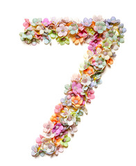 Flowers number 7 seven made of colorful flowers isolated on white. Floral numbers. Greeting for...