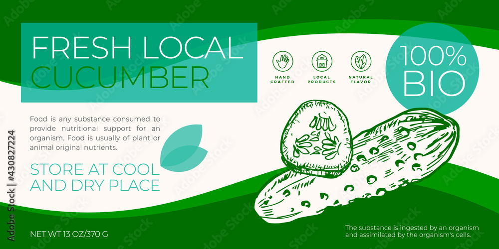 Wall mural Fresh Local Vegetables Label Template. Abstract Vector Packaging Horizontal Design Layout. Modern Typography Banner with Hand Drawn Cucumbers Sketch Silhouette Background. Isolated