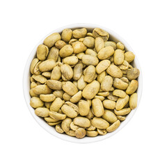Green coffee beans in a bowl isolated on white background with clipping path