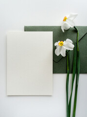 Mockup card with green envelope and daffodils 