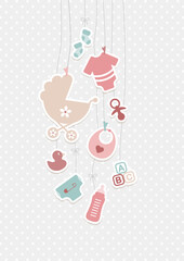 Karte Babysymbole Mädchen Rosa Mintgrün Punkte Beige