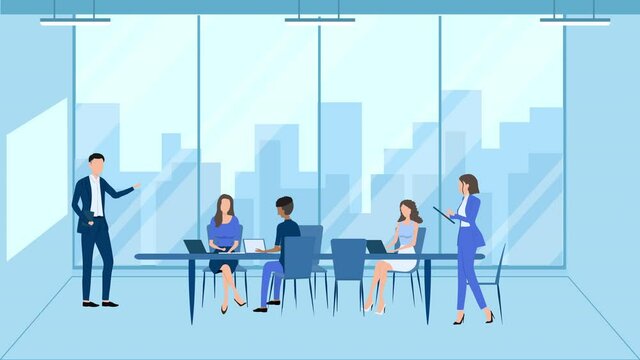 2D Motion graphics,Group of office workers sitting at desks and communicating or talking to each other.