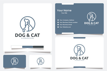 sitting dog and cat with line art , logo design 