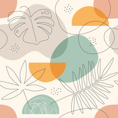 Materiał do szycia Seamless pattern with line art drawing tropical leaves and abstract shapes. Collage style.