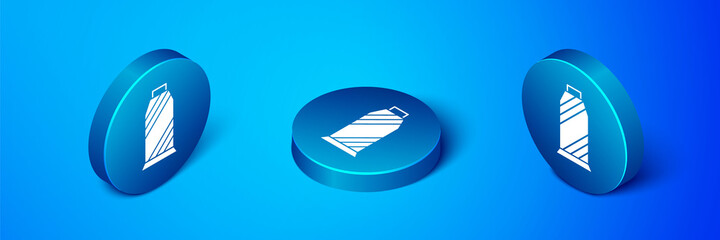 Isometric Sewing thread on spool icon isolated on blue background. Yarn spool. Thread bobbin. Blue circle button. Vector