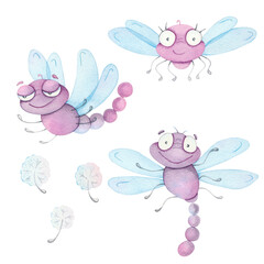 Set with dragonflies Funny, watercolor characters. Dandelion seeds.