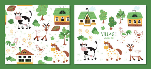 Village and with funny farm animals - Vector Seamless pattern and vector set. Loop pattern for fabric, textile, wallpaper, posters, gift wrapping paper, napkins, tablecloths. Print for kids, children