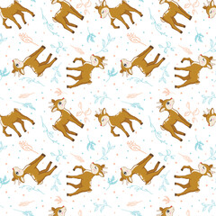 Deer seamless pattern with leaves and flowers on a white background. Vector seamless pattern. Flower illustration. Nature design.