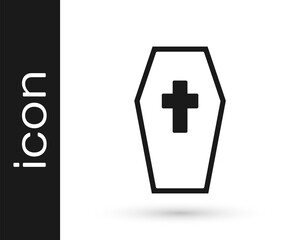Obraz premium Black Coffin with christian cross icon isolated on white background. Happy Halloween party. Vector