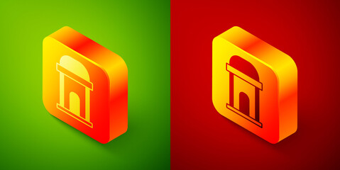 Isometric Old crypt icon isolated on green and red background. Cemetery symbol. Ossuary or crypt for burial of deceased. Square button. Vector