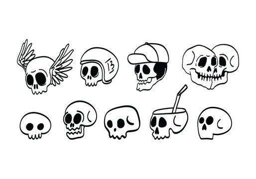 a cute skull doodle with wings in ears isolated on white background. funny head bone in vector illustration for decorating design. symbol, logo, and icon collection of cute element.
