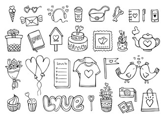 Romantic doodle set, love and feelings collection of cute elements isolated on white background