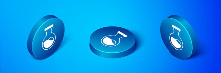 Isometric Test tube and flask chemical laboratory test icon isolated on blue background. Laboratory glassware sign. Blue circle button. Vector