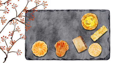 ストーンプレートに乗った中華点心手描き水彩風イラスト