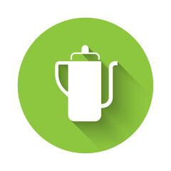 White Traditional Chinese tea ceremony icon isolated with long shadow. Teapot with cup. Green circle button. Vector
