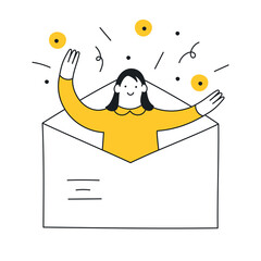 Email search, open new mail envelope. The cute cartoon woman checks the email, opened the envelope, and celebrating. Thin outline vector illustration on white.
