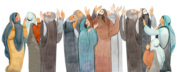 Watercolor hand drawn illustration of praying people, apostles in prayer, thanksgiving to the Lord. Decorative border for the background of Christian publications, the design of banners, cards, sites - obrazy, fototapety, plakaty