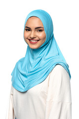 Portrait of arabian woman smiling at camera isolated on white