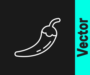 White line Hot chili pepper pod icon isolated on black background. Design for grocery, culinary products, seasoning and spice package, cooking book. Vector