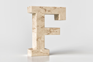 3D letter F made of beige marble. Set sail champagne 2021 trending color. High quality 3d rendering.