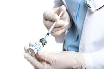 Cropped view of doctor in latex gloves holding jar with vaccine and syringe isolated on white